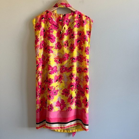 LOFT SILKY SZ 6 BRIGHT PINK YELLOW FLORAL SHEATH DRESS SUNDRESS~WAIST TIE~LINED - Picture 6 of 9